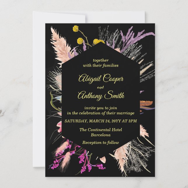 Colourful Floral black background geometric border Invitation (Front)