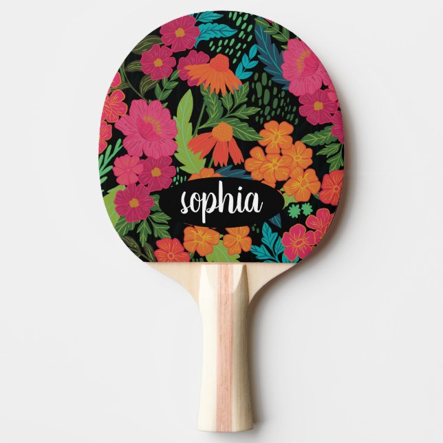 Colourful floral black monogram name ping pong paddle (Front)