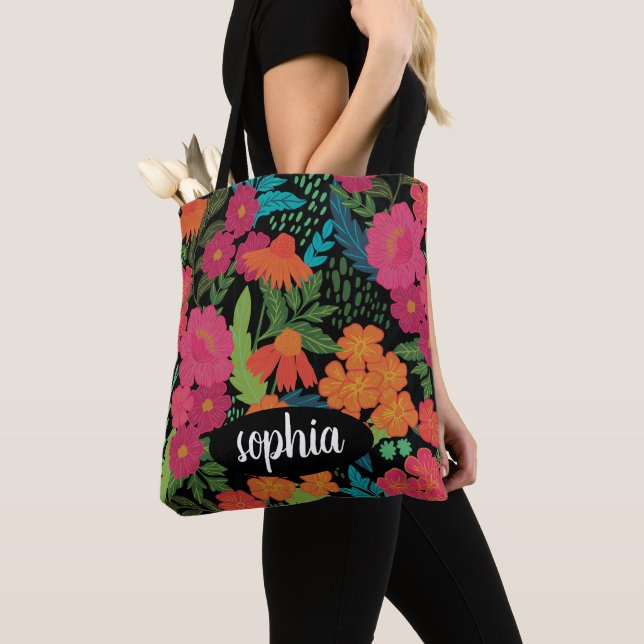 Colourful floral black monogram name tote bag (Close Up)