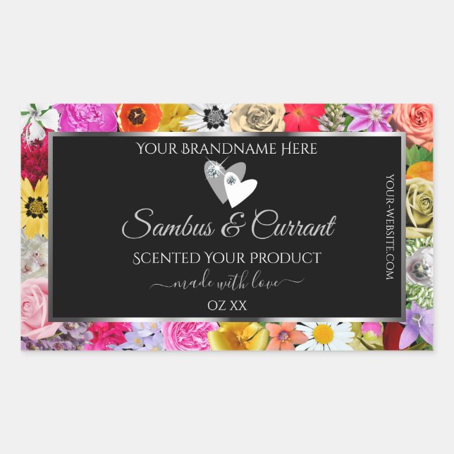Colourful Floral Black Product Labels with Hearts (Front)