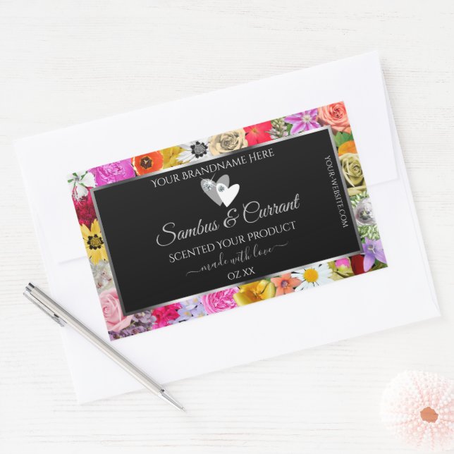 Colourful Floral Black Product Labels with Hearts (Envelope)