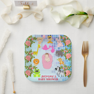 Colourful Floral Blue Boho Baby Shower Paper Plate