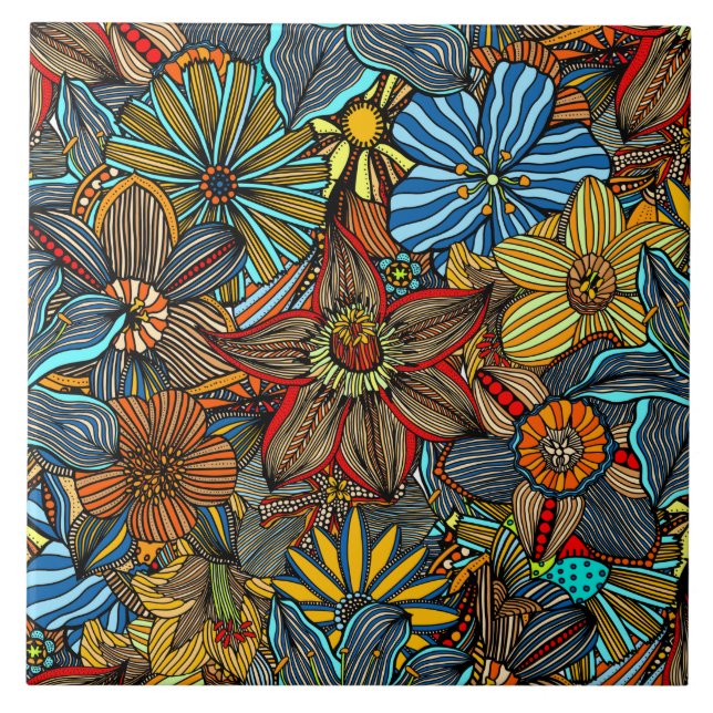 Colourful floral boho flower collage tile (Front)