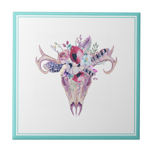 Colourful Floral Boho Skull Tile (Front)