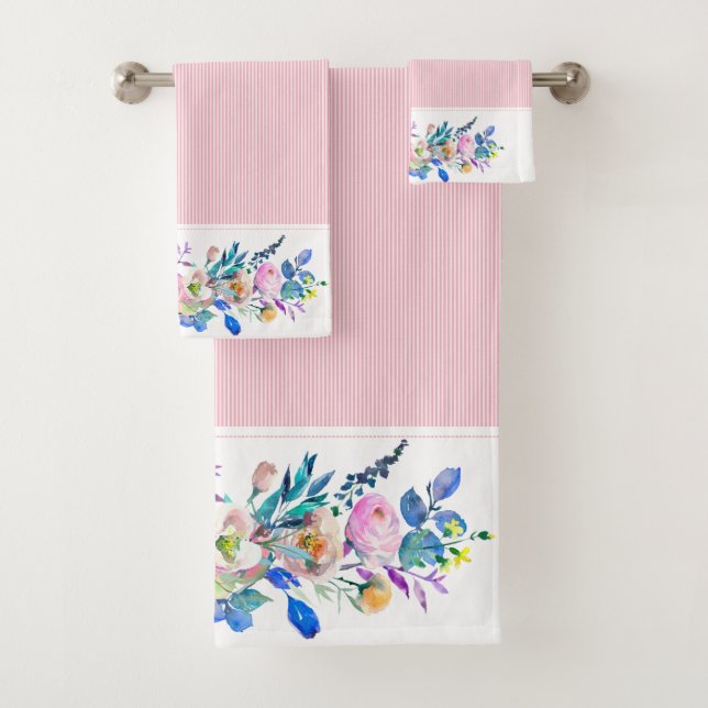 Colourful Floral Bouquet & Pink Stripes Bath Towel Set (Insitu)