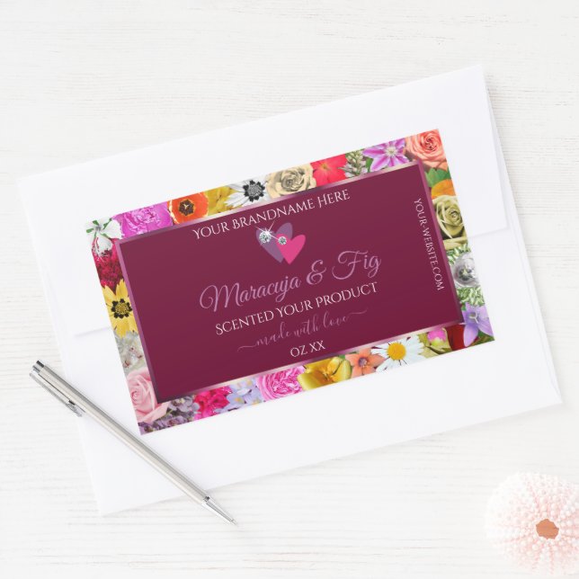 Colourful Floral Burgundy Product Label with Heart (Envelope)