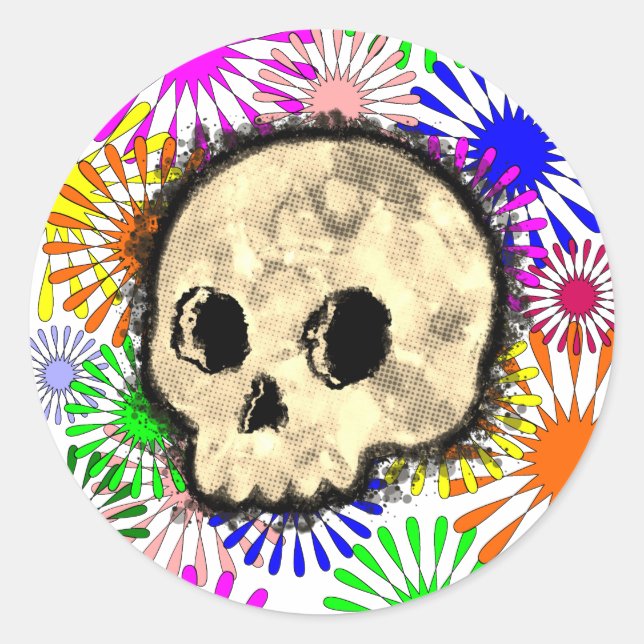 Colourful Floral Burst Skull Watercolor Classic Round Sticker (Front)