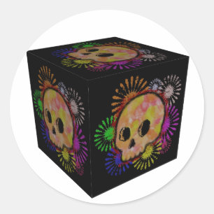 Colourful Floral Burst Skull Watercolor Cube Classic Round Sticker