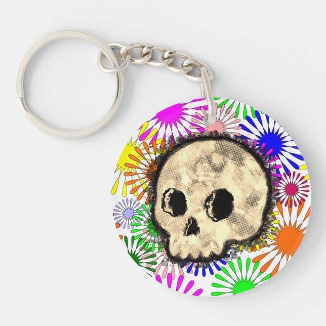 Colourful Floral Burst Skull Watercolor Key Ring (Front)