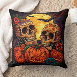 Colourful Floral Calavera Sugar Skull, Halloween Cushion