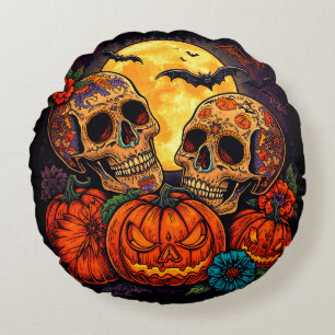 Colourful Floral Calavera Sugar Skull, Halloween Round Cushion