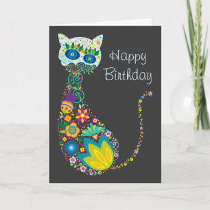 Colourful Floral Cat Happy Birthday Card