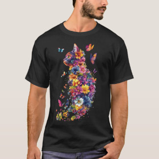 Colourful Floral Cat – Watercolor Butterfly Art T-Shirt