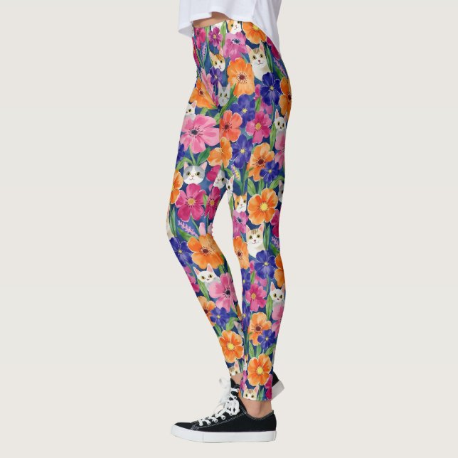 Colourful Floral Cats Leggings (Left)