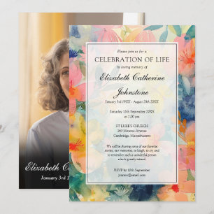 Colourful Floral Celebration Of Life Funeral Photo Invitation