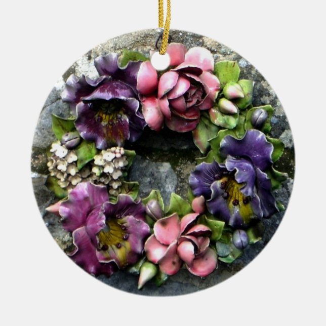 Colourful floral cemetery wreath ceramic tree decoration (Front)