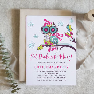 Colourful Floral Christmas Owl Holiday Party Invitation