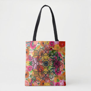 Colourful Floral Collage & Black Mandala Tote Bag