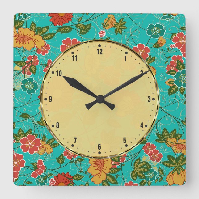 Colourful Floral Collage Pattern Square Wall Clock (Front)