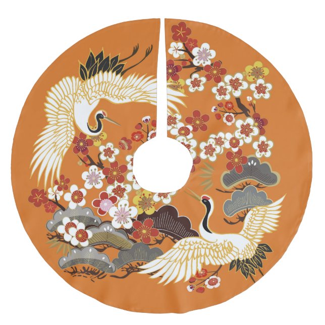 Colourful Floral Cranes Sakura Pattern Brushed Polyester Tree Skirt (Front)