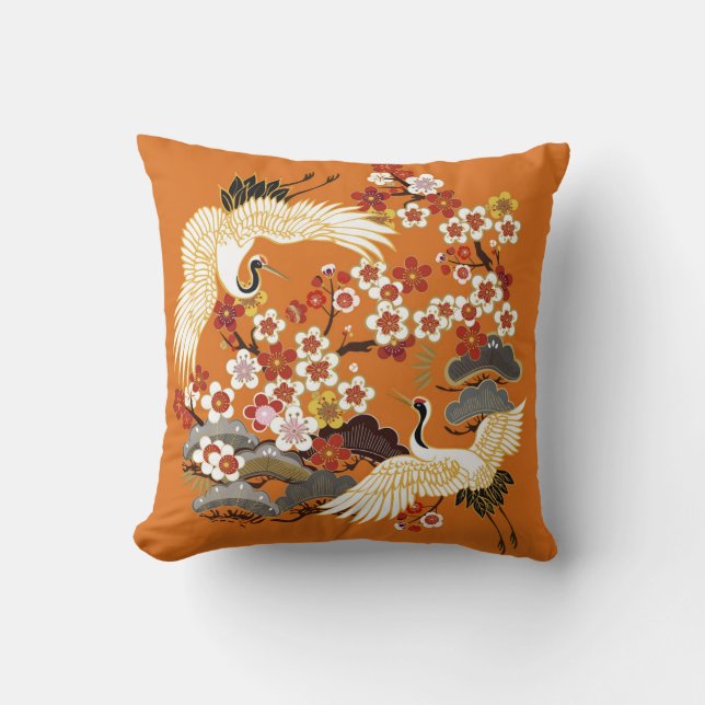 Colourful Floral Cranes Sakura Pattern Cushion (Front)