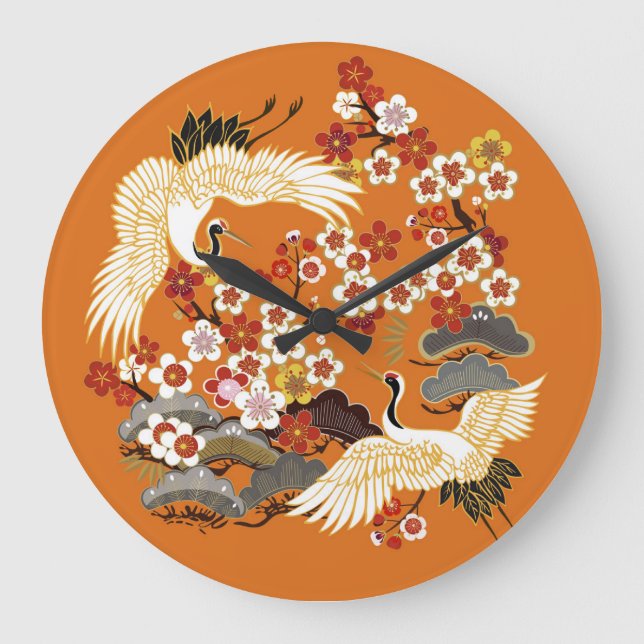 Colourful Floral Cranes Sakura Pattern Large Clock (Front)