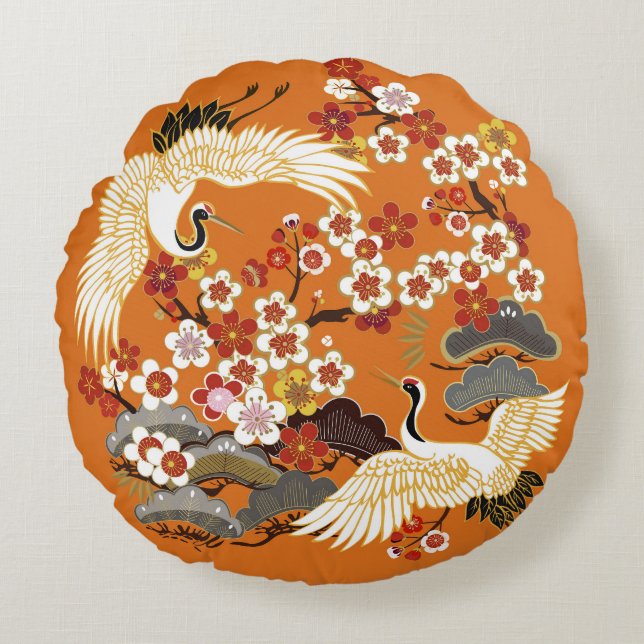 Colourful Floral Cranes Sakura Pattern Round Cushion (Front)