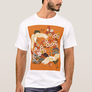 Colourful Floral Cranes Sakura Pattern T-Shirt