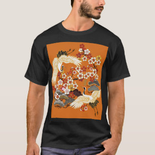 Colourful Floral Cranes Sakura Pattern T-Shirt