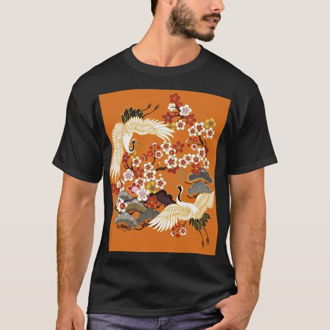 Colourful Floral Cranes Sakura Pattern T-Shirt (Front)