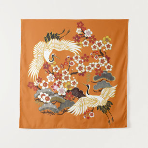 Colourful Floral Cranes Sakura Pattern Tapestry