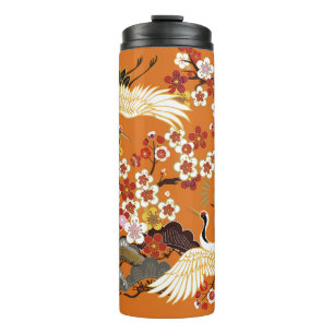 Colourful Floral Cranes Sakura Pattern Thermal Tumbler
