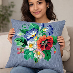Colourful Floral Cross Stitch Style Throw Pillow