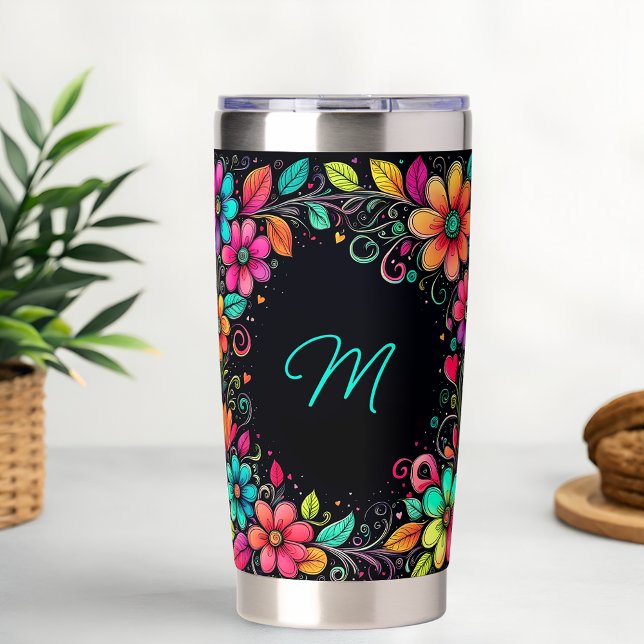 Colourful Floral Custom Monogram  Insulated Tumbler (Creator Uploaded)