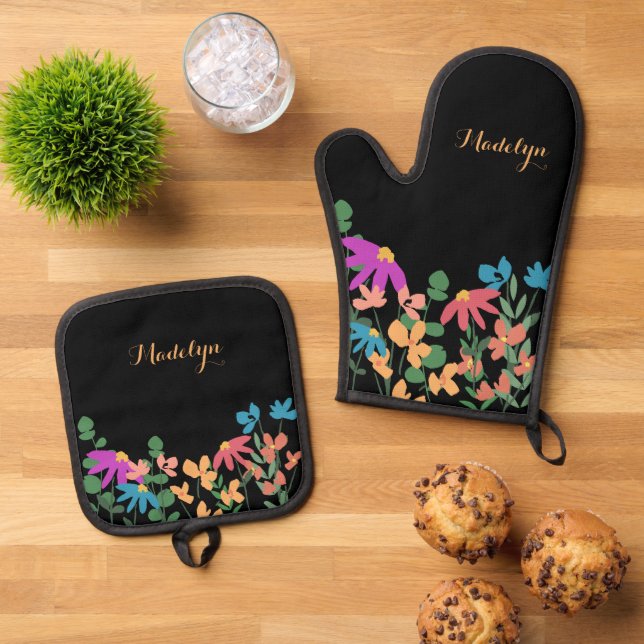 Colourful Floral Custom Script Name on Black Oven Mitt & Pot Holder Set (Top Down)