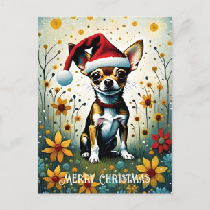 Colourful Floral Cute Chihuahua Santa Christmas  Postcard