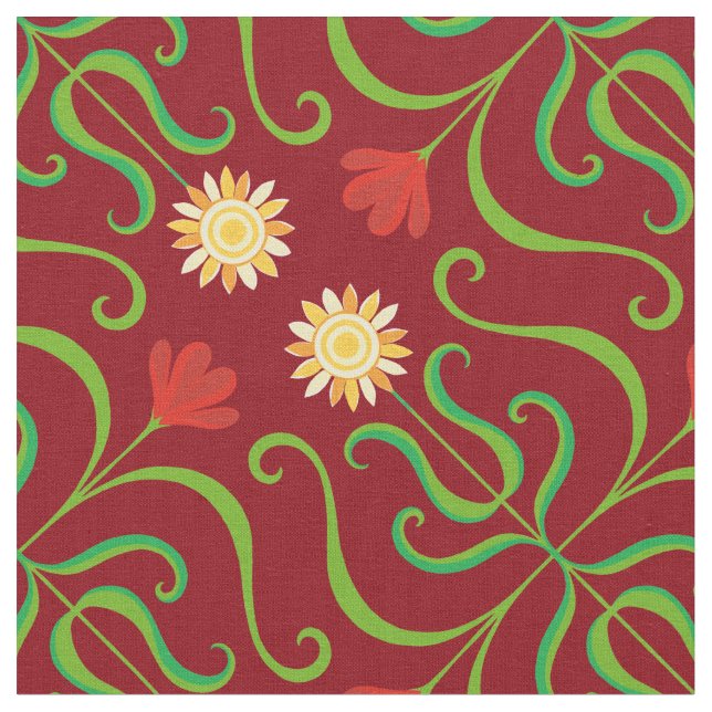 Colourful Floral Damask Sunflower Pattern Cute Fol Fabric (Close Up)
