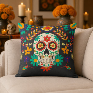 Colourful Floral Day of the Dead Sugar Skull Cushion