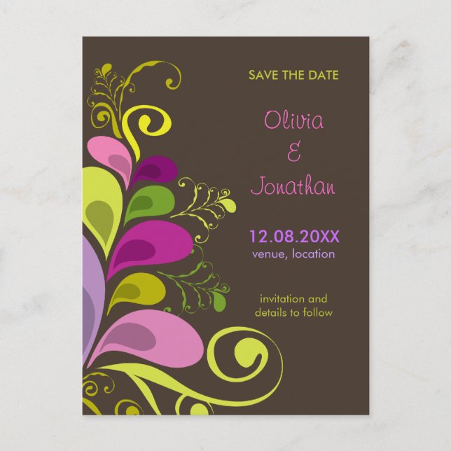 Colourful Floral Deco Leaves Save The Date Postcar Announcement Postcard (Front)