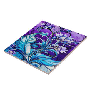 Colourful Floral Design With Blue and Purple Hues Tile