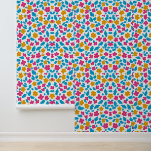 Colourful Floral Design with Blue Leaves Wallpaper