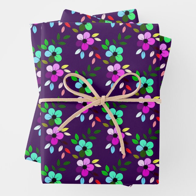 Colourful Floral Design with Two Flowers Wrapping Paper Sheet (In situ)