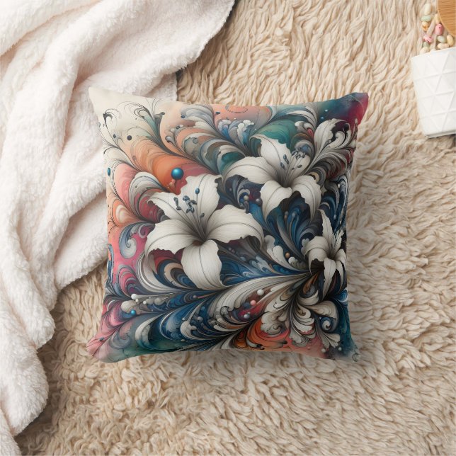 Colourful Floral Design With White Lilies Cushion (Blanket)