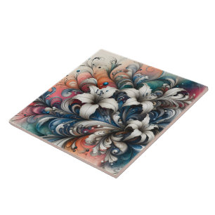 Colourful Floral Design With White Lilies Tile