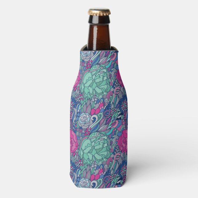 Colourful Floral Doodle Pattern Bottle Cooler (Bottle Front)