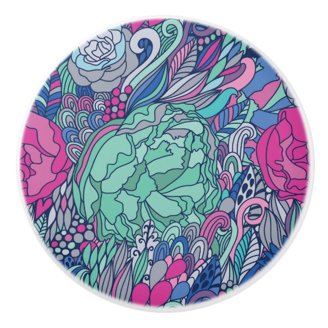 Colourful Floral Doodle Pattern Ceramic Knob (Front)