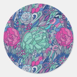Colourful Floral Doodle Pattern Classic Round Sticker