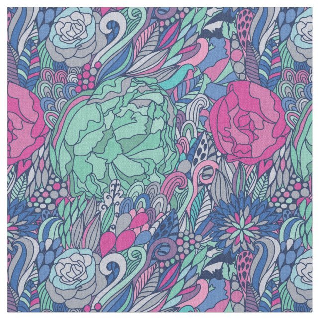 Colourful Floral Doodle Pattern Fabric (Close Up)