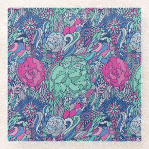 Colourful Floral Doodle Pattern Glass Coaster