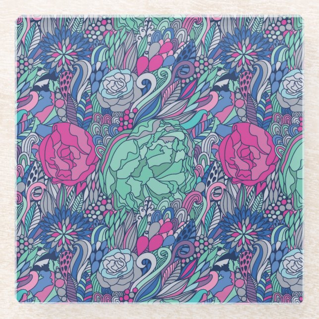 Colourful Floral Doodle Pattern Glass Coaster (Front)